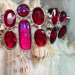 Gorgeous Dichroic sparkly Glass + Garnet gem cluster statement cuff bracelet